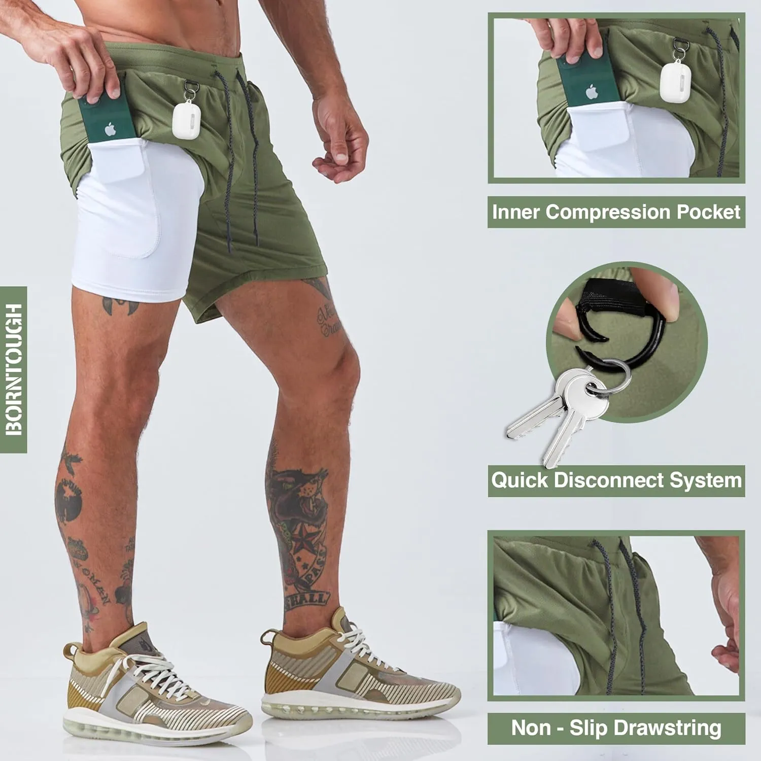 Born Tough 2 in 1 Mens Workout Shorts, 7 Inch Inseam Gym Shorts, Athletic Shorts for Bodybuilding, Running with Liner Pocket