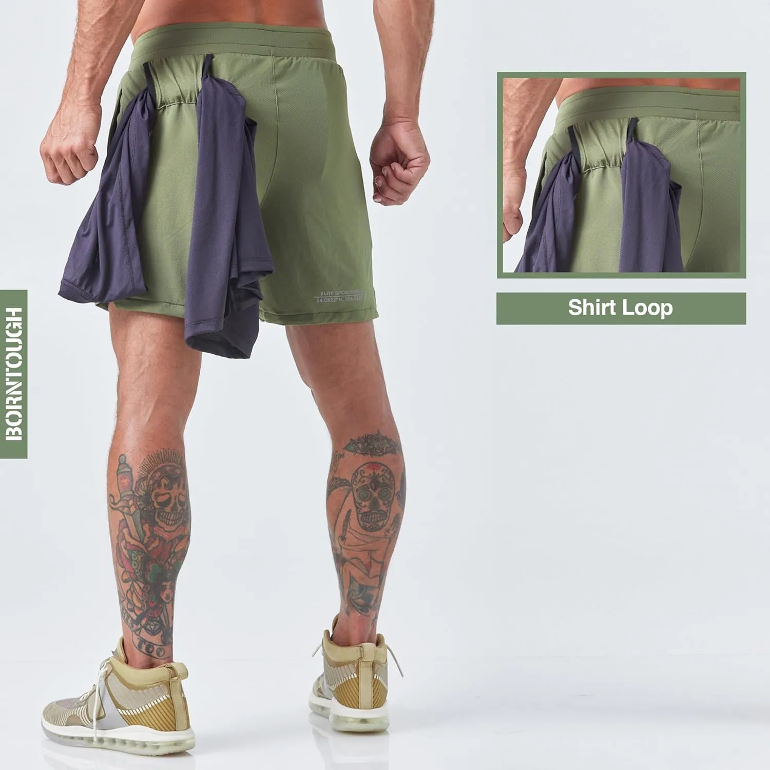 Born Tough 2 in 1 Mens Workout Shorts, 7 Inch Inseam Gym Shorts, Athletic Shorts for Bodybuilding, Running with Liner Pocket