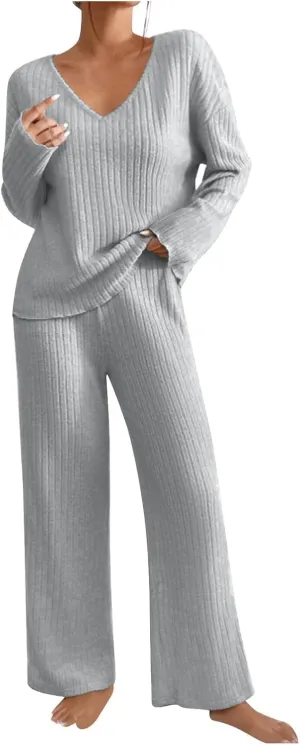Canbebig 2 Piece Sets for Women Fall Knit Sweat Sets V Neck Tops and Wide Leg Pants Sets Matching Lounge Sets Loungewear