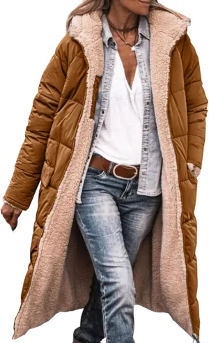 Canbebig Womens Winter Hooded Shearling Fleece Long Coat Quilted Puffer Jacket Reversible Zip Padded Coat Winter Warm Outwear