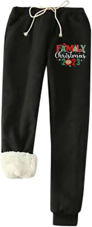 Christmas Sweatpants for Women 2023 Funny Letter Print Fleece Lined Drawstring Holiday Lounge Trousers Workout Jogger Pants