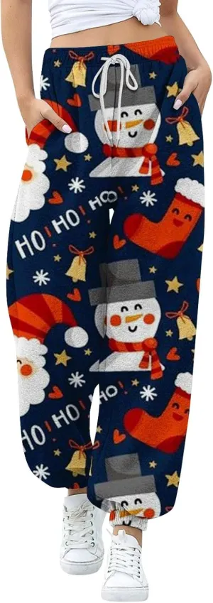 Christmas Sweatpants Women Loose Breathable Casual Pants Christmas Hat Christmas Tree Snowman Print Side Pockets