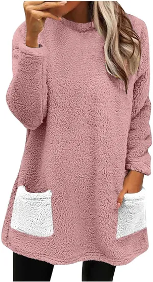 Color Block Long Sleeve Fleece CrewNeck Sweatshirt with Pockets for Women Reversible Lightweight Windbreaker Jackets
