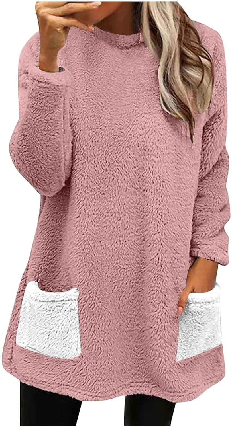 Color Block Long Sleeve Fleece CrewNeck Sweatshirt with Pockets for Women Reversible Lightweight Windbreaker Jackets