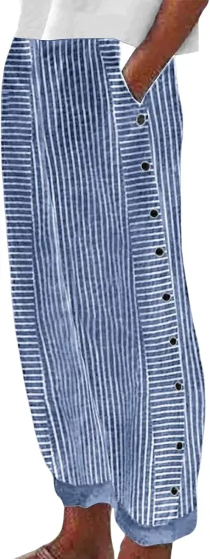 Cropped Pants for Women Striped Side Button Elastic Waist Trendy Pants Wide Leg Capris Pant Comfy Trousers with Pocket