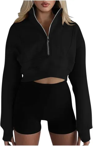 DDAPJ pyju Womens Cropped Sweatshirts 2025 Casual Half Zip Pullover Y2K Preppy Stand Collar Long Sleeve Fleece Sweatshirt