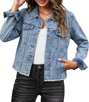 Denim Jacket for Women Distressed Jean Jackets Button Up Vintage Western Trucker Jacket Frayed Hem Pockets 2025