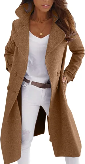 DGHM-JLMY Women's Winter Loose Trench Coat Overcoat Casual Coat Long Woolen Coat Lapel Button Long Solid Wool Blend Coat