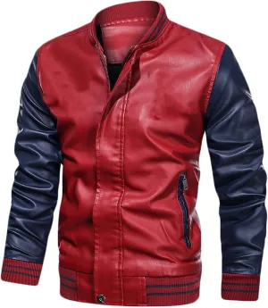 Dgoopd Leather Jacket Men Color Block Motorcycle Jacket Stand Collar Moto Jacket Zip up Biker Jacket Faux Leather Coat