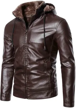 Dgoopd Men Leather Jacket with Hood Stand Collar Moto Jacket Vintage Motorcycle Jacket Zip up Biker Jacket Faux Leather Coat