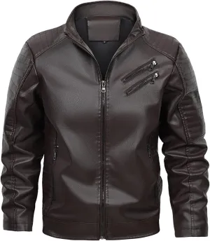 Dgoopd Mens Leather Jacket Stand Collar Moto Jacket Zip up Faux Leather Jacket Vintage Motorcycle Jacket Casual Biker Jacket