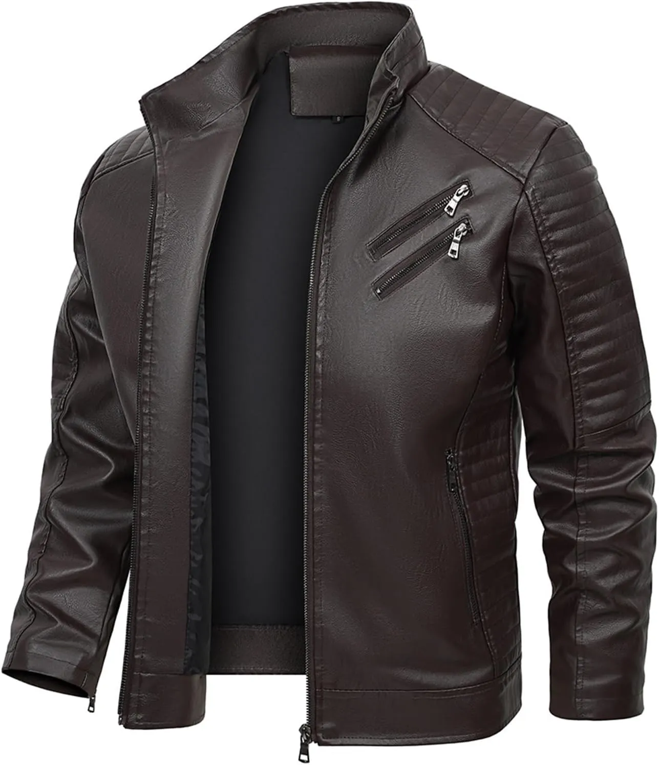 Dgoopd Mens Leather Jacket Stand Collar Moto Jacket Zip up Faux Leather Jacket Vintage Motorcycle Jacket Casual Biker Jacket