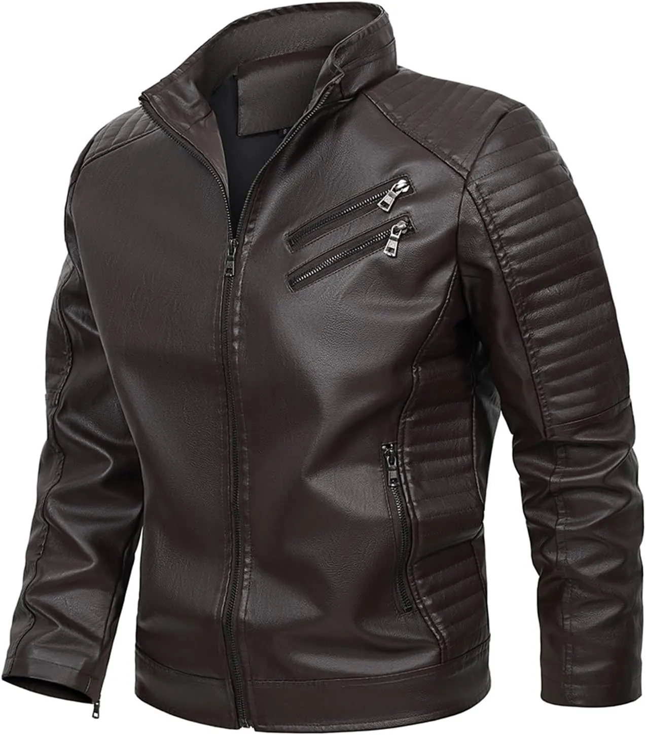 Dgoopd Mens Leather Jacket Stand Collar Moto Jacket Zip up Faux Leather Jacket Vintage Motorcycle Jacket Casual Biker Jacket
