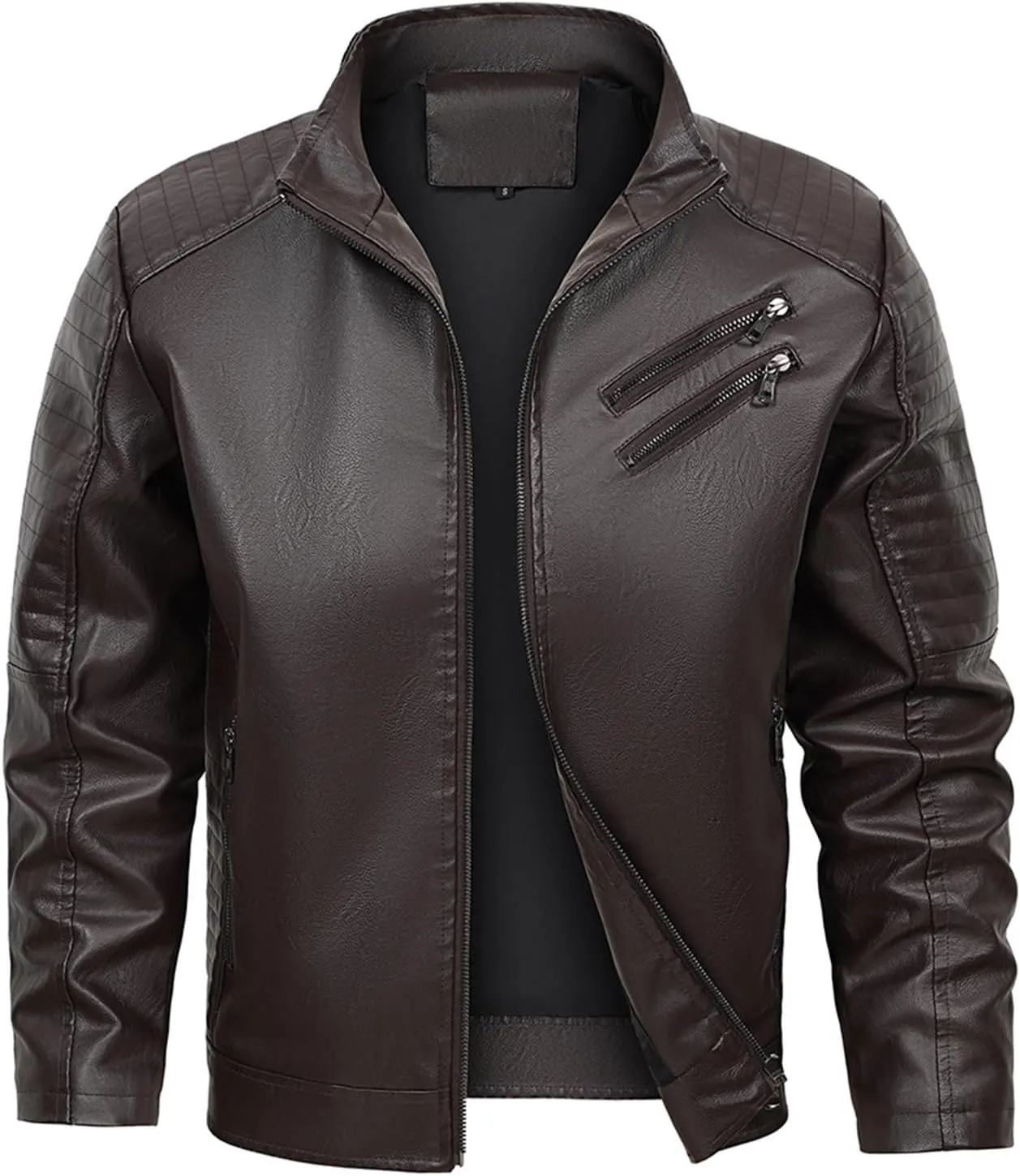 Dgoopd Mens Leather Jacket Stand Collar Moto Jacket Zip up Faux Leather Jacket Vintage Motorcycle Jacket Casual Biker Jacket
