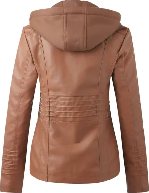 Drawstring Women Leather Jackets Zipper Leather Outfits for Women Stand Collar Detachable Hood Fall Motorcycle Jacket