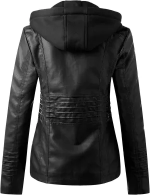 Drawstring Women Leather Jackets Zipper Leather Outfits for Women Stand Collar Detachable Hood Fall Motorcycle Jacket