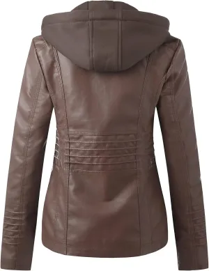 Drawstring Women Leather Jackets Zipper Leather Outfits for Women Stand Collar Detachable Hood Fall Motorcycle Jacket