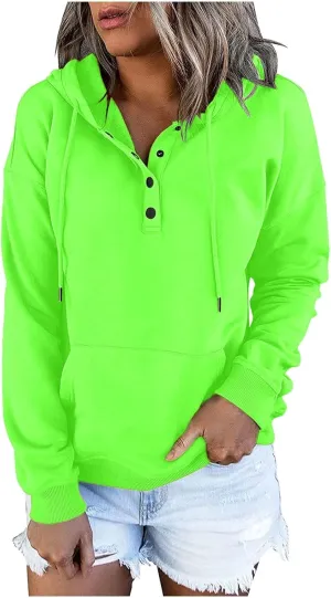 Fall Hoodies For Women Trendy 2024 Causal Long Sleeve Button Down Hooded Sweatshirt Solid Basic Pullover Tops
