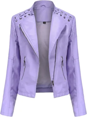 Faux Leather Jacket Plus Size Women Lapel Zip Moto Biker Coats Cropped Open Front Lined Faux Lambskin Pleather Suit