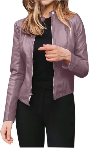 Faux Leather Jacket Women Trendy Going out Outfits Motorcycle PU Bomber Jackets Fall Trendy Zip up Cropped Coats