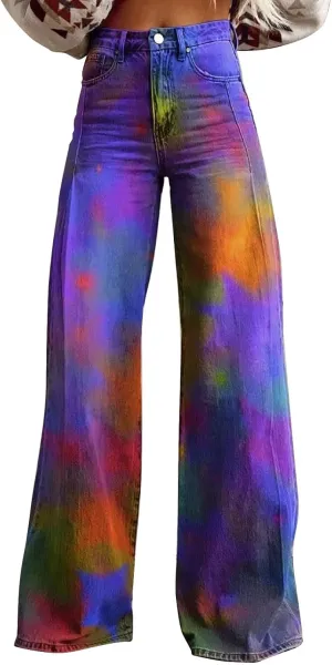 Flare Jeans for Women Wide Leg Denim Pants Vintage Floral Print High Waisted Straight Stretchy Pant Baggy Trousers