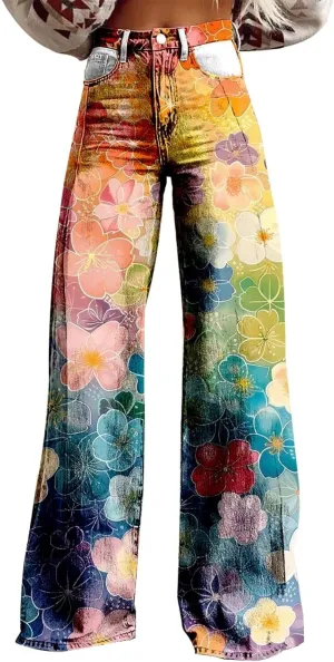 Flare Jeans for Women Wide Leg Jeans Woman Vintage Floral Print High Waisted Straight Stretch Pants with Pockets