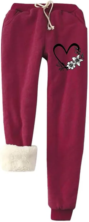 Fleece Lined Sweatpants Women with 2 Pockets Cute Heart Print Drawstring Sherpa Lined Lounge Pants Workout Athletic Joggers