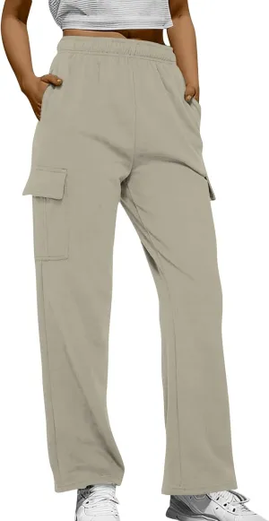 Fleece Wide Leg Sweatpants Women Baggy Casual Cargo Pants with Pockets Comfy High Waisted Drawstring Palazzo Pants