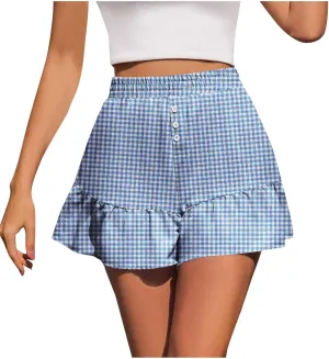 Flowy Shorts for Women Cute Plaid Ruffle Shorts Casual Boho Skorts Button Decoration Elastic High Waist Mini Skirt
