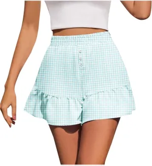 Flowy Shorts for Women Cute Plaid Ruffle Shorts Casual Boho Skorts Button Decoration Elastic High Waist Mini Skirt