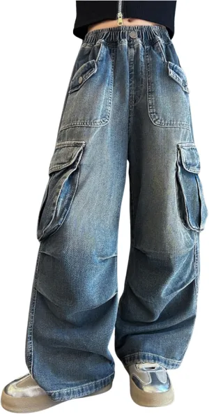 Girls Baggy Jeans Casual Cute Pants Wide Leg Preppy Pants Lightweight Athletic Denim Vintage Workout Straight Leg
