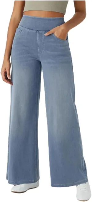 Grevela Pull Up Jeans, Grevela Stretch Jeans, High Waisted Stretchy Pull On Wide Leg Denim Pants with Pocket