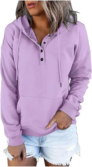 Hoodies For Women Dressy Casual 2024 Solid Basic Button Down Hooded Drawstring Sweatshirt Fall Fashion Pullover Tops