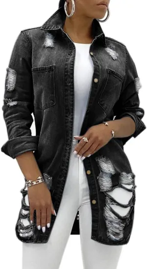Hotmiss Women's Denim Jacket Long Sleeve Distressed Fray Hem Denim Trucker Jean Jackets