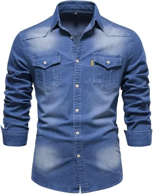 Jean Jacket for Men Solid Retro Old Denim Jacket Long Sleeve Button Denim Jackets Fashion Trucker Pockets Coat