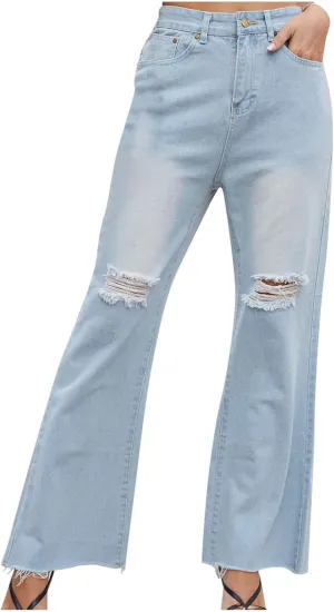Jeans for Women Distressed Wide Leg Cargo Denim Pants Frayed Raw Hem Baggy Bootcut Jeans Straight Leg Ankle Jeans