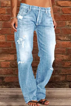 Jeans for Women Trendy Distressed Baggy Boyfriend Mid Rise Jeans Loose Straight Wide Leg Denim Pants with Pocket