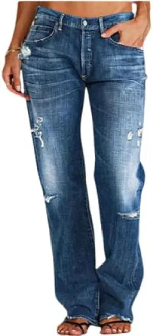 Jeans for Women Trendy Distressed Baggy Boyfriend Mid Rise Jeans Loose Straight Wide Leg Denim Pants with Pocket