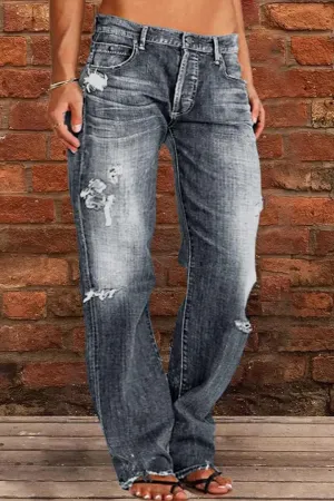 Jeans for Women Trendy Distressed Baggy Boyfriend Mid Rise Jeans Loose Straight Wide Leg Denim Pants with Pocket