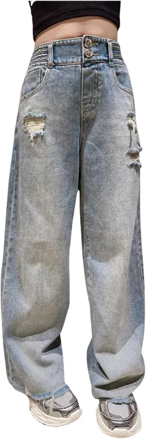 Kids Girls Preppy Pants Fall Casual Baggy Jeans High Waist Cute Pants Denim Light Weight Workout Straight Leg Ripped