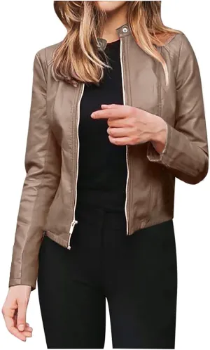 LCMTWX Brown Jacket Women Full Zip Snap Stand Collar Long Sleeve Outwear Cool Slim Jacket Coat for Vacation Daily Biker