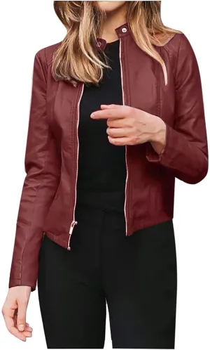 LCMTWX Brown Jacket Women Full Zip Snap Stand Collar Long Sleeve Outwear Cool Slim Jacket Coat for Vacation Daily Biker