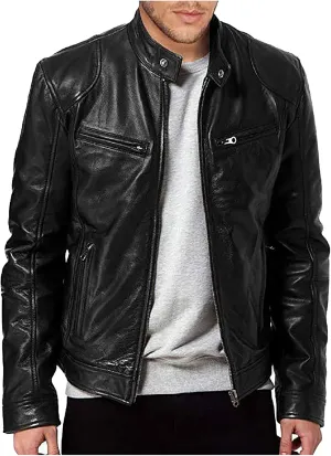 Leather Jacket Men Plus Size Zip Up Stand Collar Jackets Casual Faux Leather Motocycle Coats Cool Outwear With Pockets