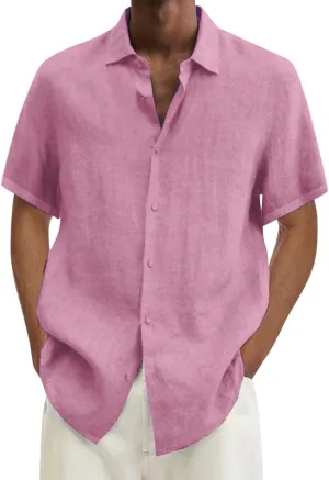 Linen Shirts for Men Button Down Beach Tshirt Vacation Summer Tops Short Sleeve Casual Beach Cotton Basic Blouses