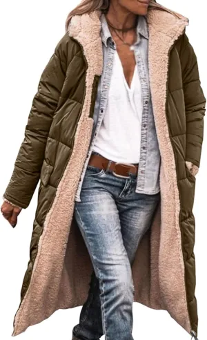 Long Fleece Jacket Women Winter Reversible Puffer Coat, Sherpa Padded Down Jackets, Winter Coats for Women with Hood