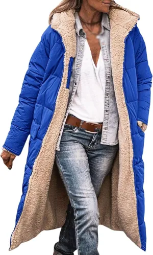 Long Fleece Jacket Women Winter Reversible Puffer Coat, Sherpa Padded Down Jackets, Winter Coats for Women with Hood