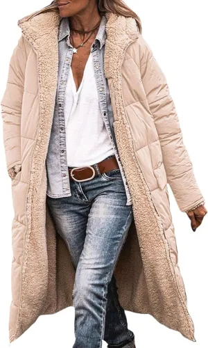 Long Puffer Coat Women Hooded Reversible Fleece Down Jacket Oversized Long Sleeve Hooded Warm Winter Coats