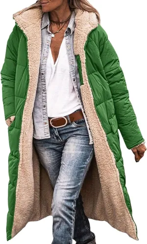 Long Puffer Coat Women Hooded Reversible Fleece Down Jacket Oversized Long Sleeve Hooded Warm Winter Coats