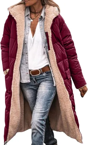 Long Puffer Coat Women Hooded Reversible Fleece Down Jacket Oversized Long Sleeve Hooded Warm Winter Coats