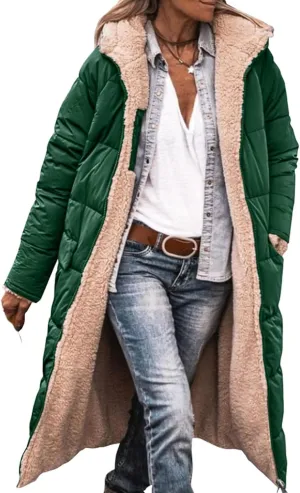 Long Puffer Coat Women Winter Warm Coats Fuzzy Fleece Hooded Reversible Jackets Casual Loose Outerwear with Pocket